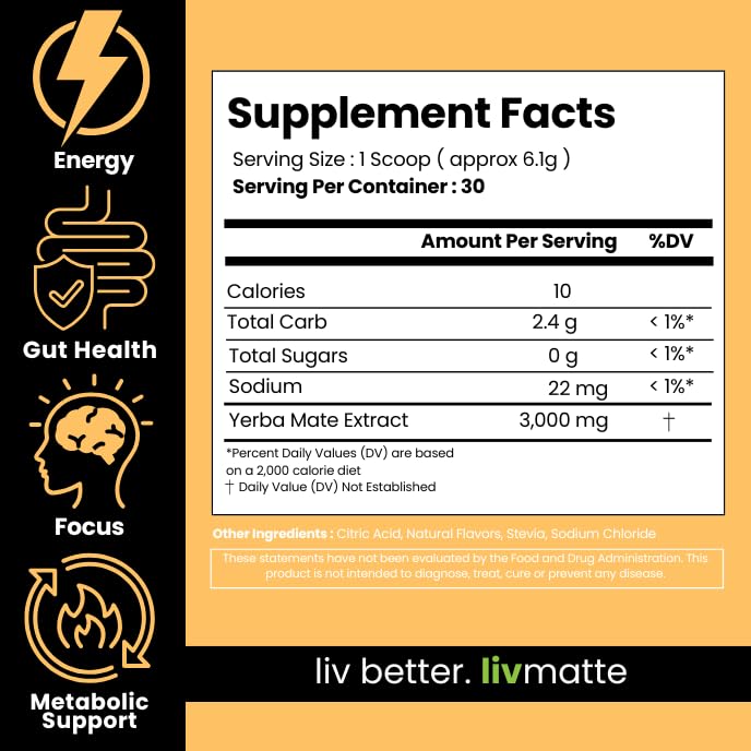 LivMatte Yerba Mate Instant Tea Powder-Natural Caffeine Flavored Drink Mix, Sugar-Free, Clean Energy, Mental Focus + Wellness Support I 30 Servings (Peach Mango) - Image 2